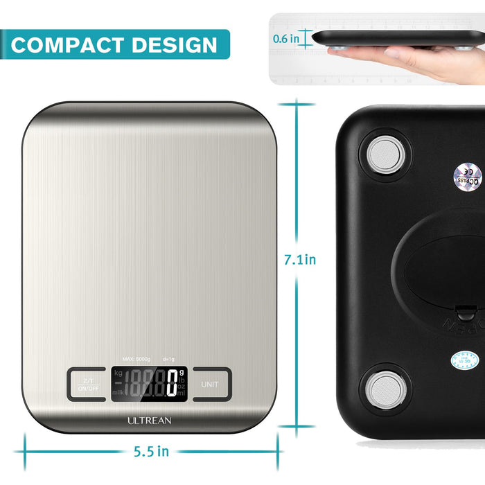 Food Scale, Digital Kitchen Scale with LCD Display, Weight Grams and Ounces for Baking Cooking and Meal Prep, 6 Units with Tare Function, 304 Stainless Steel, 11lb (Batteries Included)