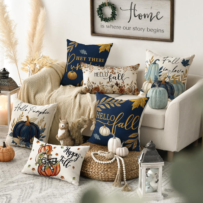 Fall Hello Pumpkin Blue Pillow Covers 18x18 Inch Set of 4