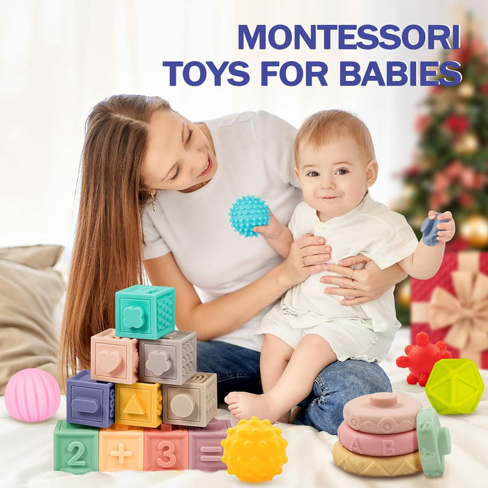 Baby Toys 6-12 Months, Montessori Toy for Babies 6-12 Months, Incl Stacking Building Blocks & Soft Infant Teething Toys & Sensory Balls for Toddlers 0-3-6-9-12 Month