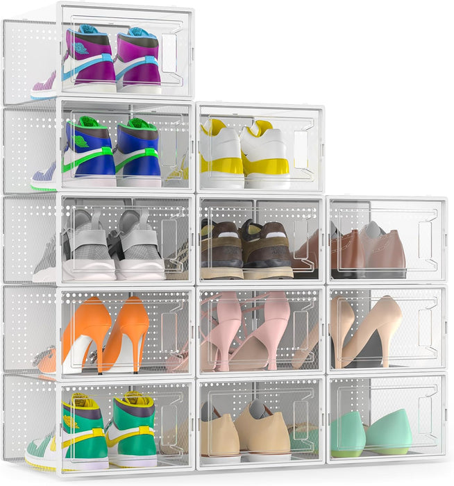 12 Pack Large Stackable Clear Plastic Shoe Storage Boxes Organizer, White