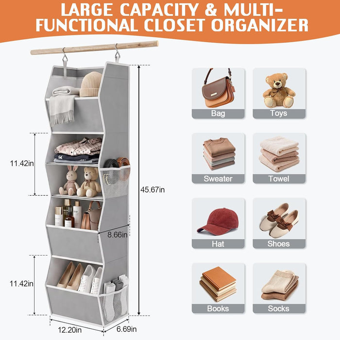 Hanging Closet Organizer 5 Shelf with 4 Side Mesh Pockets, Foldable Closet Organizers and Storage Hanging for Wardrobe, Closet Rod & RV Camping, Front Anti-Slip Support, Grey