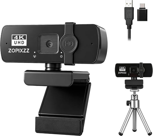 4K Webcam with Tripod, PC Ultra HD Web Camera with Microphone, PDAF Autofocus,Privacy Cover,USB A & USB C Adapter, Plug 