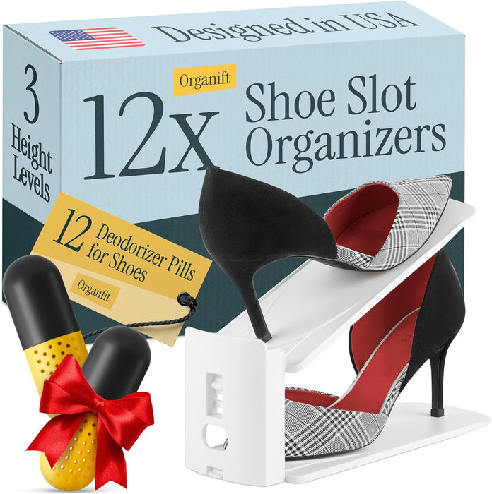 12x Shoe Slot Organizers, Space Saving Shoe Stackers for Closet, Adjustable 3 Levels Shoe Space Saver, Anti-Slip, Foldab