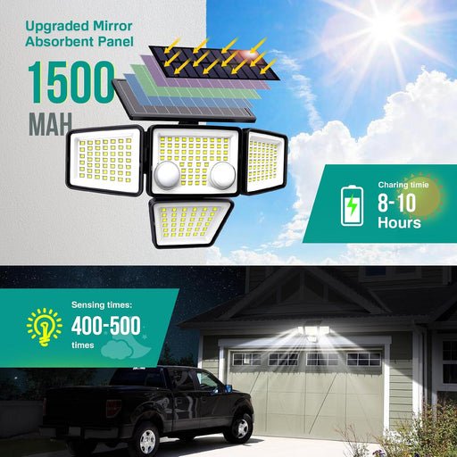 Solar Outdoor Lights - 3000LM 188 LED Motion Sensor Outdoor Lights, 4 Heads Security Light,IP65 Waterproof, Easy Install