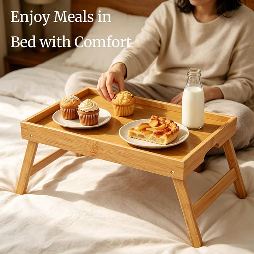 2 Pack Bamboo Bed Tray Table with Folding Legs,Breakfast Trays,Serving Tray for Food and Snack,Laptop Trays for Working(