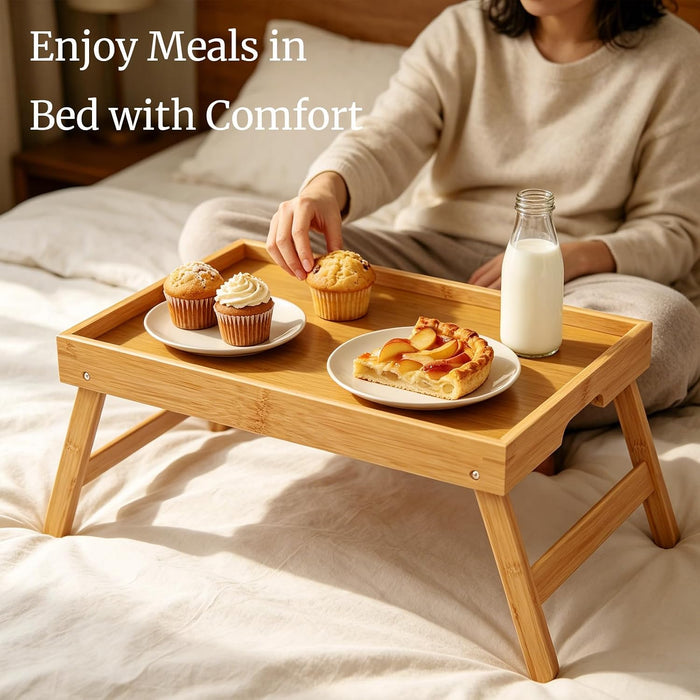 2 Pack Bamboo Bed Tray Table with Folding Legs,Breakfast Trays,Serving Tray for Food and Snack,Laptop Trays for Working(