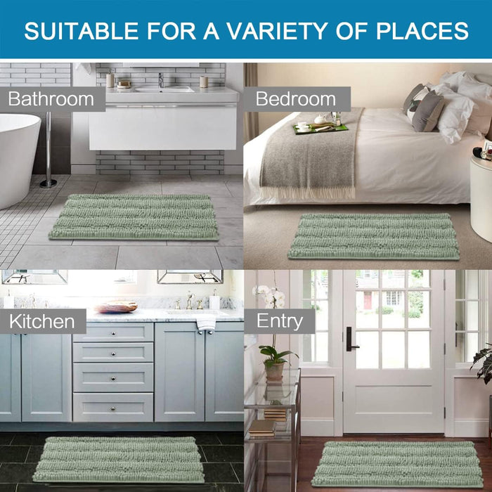 Sage Bathroom Rugs, Bath Mat Set of 2 Extra Thick Chenille Striped Pattern Shaggy Bath Rugs for Bath Room, Non Skid Bath Mats for Bathroom Floor (32 x 20 Plus 24 x 17 - Inches)