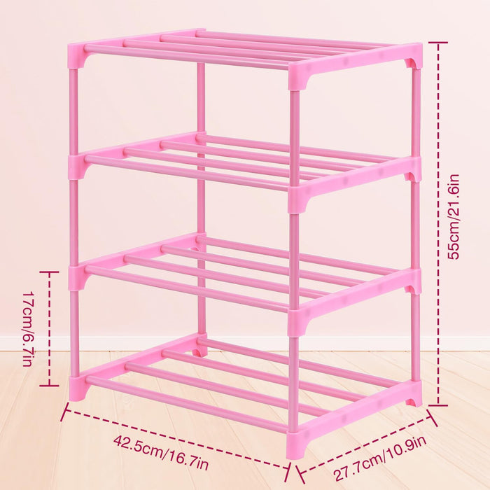 4-Tier Free Standing Pink Shoe Racks, Lightweight Stackable Shelf