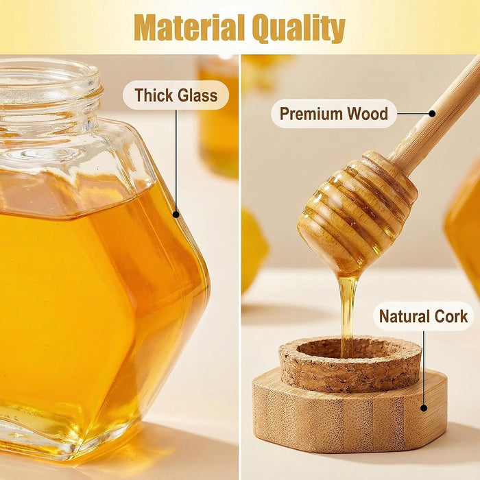 1PC 380ml Clear Glass Refillable Hexagon Shape Honey Pot Jar with Wooden Dipper Sticks and Lid Syrup Dispenser Container Empty Bottle Food Storage for Home Kitchen