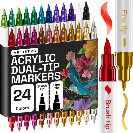 24 Metallic Dual-Tip Acrylic Paint Marker Pens for Drawing