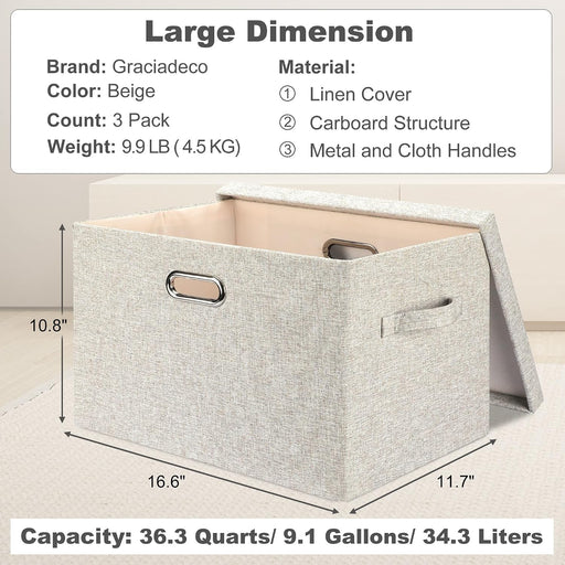 Large Quart Collapsible Stackable Storage Bins with Lids, 3 Packs Beige Linen Fabric Closet Boxes with Lids, Storage Cub