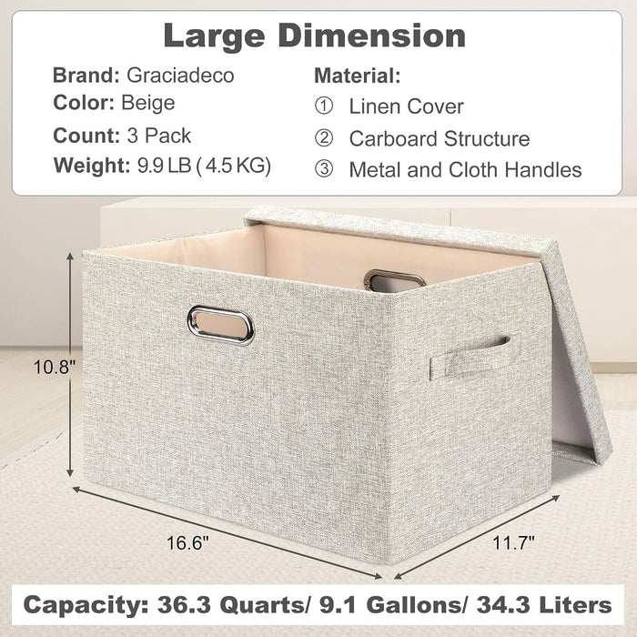 Large Quart Collapsible Stackable Storage Bins with Lids, 3 Packs Beige Linen Fabric Closet Boxes with Lids, Storage Cub