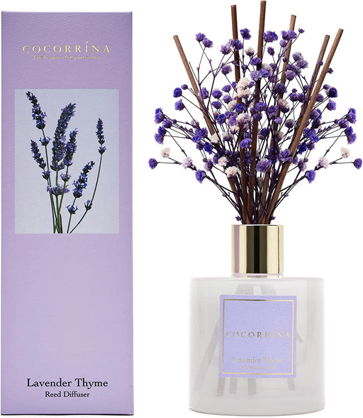Premium Reed Diffuser Set with Preserved Baby's Breath & Cotton Stick Lavender Thyme | 6.76 Fl.oz Scent Diffuser for Bedroom Bathroom Home Décor