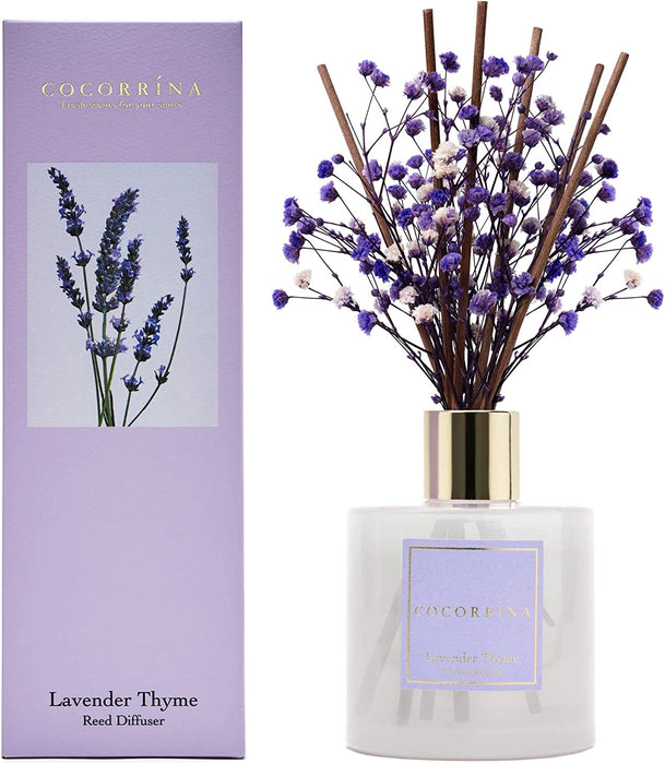 Premium Reed Diffuser Set with Preserved Baby's Breath & Cotton Stick Lavender Thyme | 6.76 Fl.oz Scent Diffuser for Bedroom Bathroom Home Décor