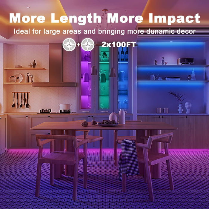 Led Strip Lights 200ft (2 Rolls of 100ft), Led Lights for Bedroom with App & Remote Control, 24V Led Lights Strip for Ro