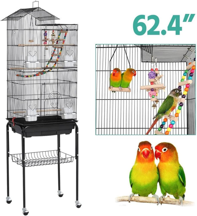 Bird Cage 64'' Medium Small Parrot Parakeet Bird Cages with Detachable Rolling Stand for Parrot Lovebirds Finches Parakeets Budgie Parrotlet Conures, Pet Flight Birdcage