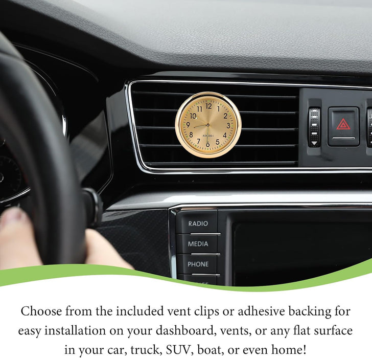 2PCS Stick on Dashboard Car Clock, Mini Luminous Analog Clock with Vent Clip & Adhesive Tape, Tiny Watch Pocket Clock Air Vent Dashboard Decor for Car Motorcycle Bike Home (Golden+White)