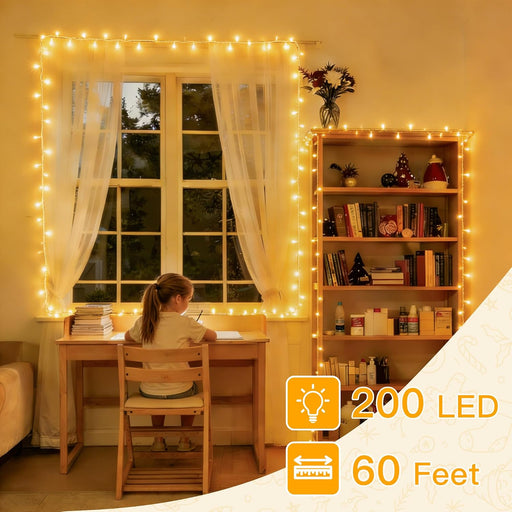 Christmas Lights 200LED 60FT Indoor, Warm White Connectable Plug in String Light Outdoor, 8 Modes Waterproof Timer LED Fairy Lights for House Outside Bedroom Patio Balcony