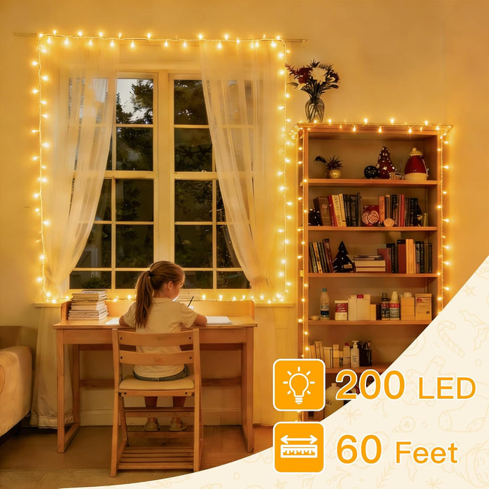 Christmas Lights 200LED 60FT Indoor, Warm White Connectable Plug in String Light Outdoor, 8 Modes Waterproof Timer LED Fairy Lights for House Outside Bedroom Patio Balcony