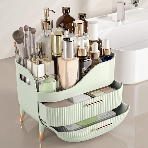 Makeup Organizer with Drawers, Green Skincare Organizer for Vanity, Storage Box with Handle, Large Cosmetic Display Case