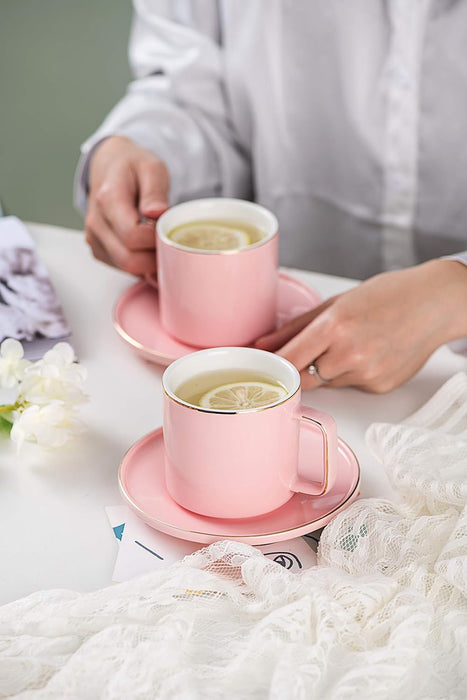 Set of 6 Large 8 (OZ) Americano Cups with Saucer Porcelain Coffee/Tea Cups, Cappuccino/Latte/Espresso/Mocha Cups, Large Coffee/Tea Cups for Specialty Coffee Drinks, (Pink)