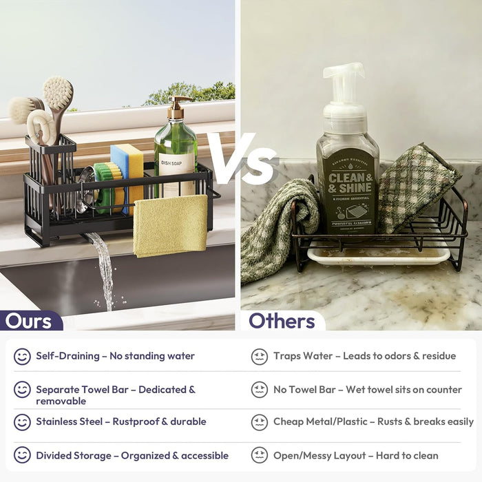 Sponge Holder for Kitchen Sink - Sink Caddy with Brush Holder Self-draining Sponge Caddy Organizer with Divider Stainles