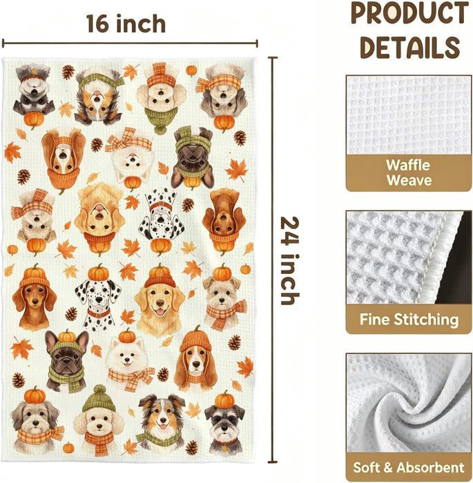Autumn Dog Lover Kitchen Towel, Fall Puppy Decor Dish Towel