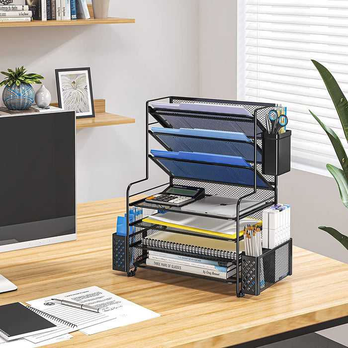 7 Tier Desk File Organizer, Letter Tray Paper Organizer with Pen Holder and Metal Hanging Basket, Black