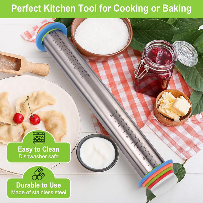 Adjustable Rolling Pin with Thickness Rings for Baking, Stainless Steel Designs Dough Roller Pins for Cookie Decorating 