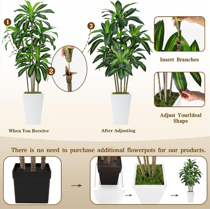 6FT Artificial Dracaena Tree with Tall White Planter, Floor Plant