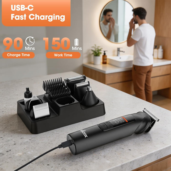 Beard Trimmer for Men - 6 in 1 Hair Clipper & Grooming Kit, Cordless Rechargeable with LED Display, IPX6 Waterproof, Nos