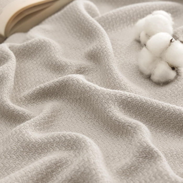 100% Cotton Blanket, Herringbone Weave, Queen Size, Linen Beige