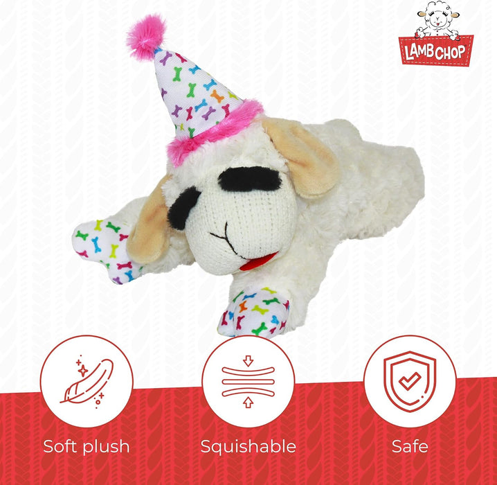 Lamb Chop Dog Plush Toy with Birthday Hat - Squeaky Dog Toy