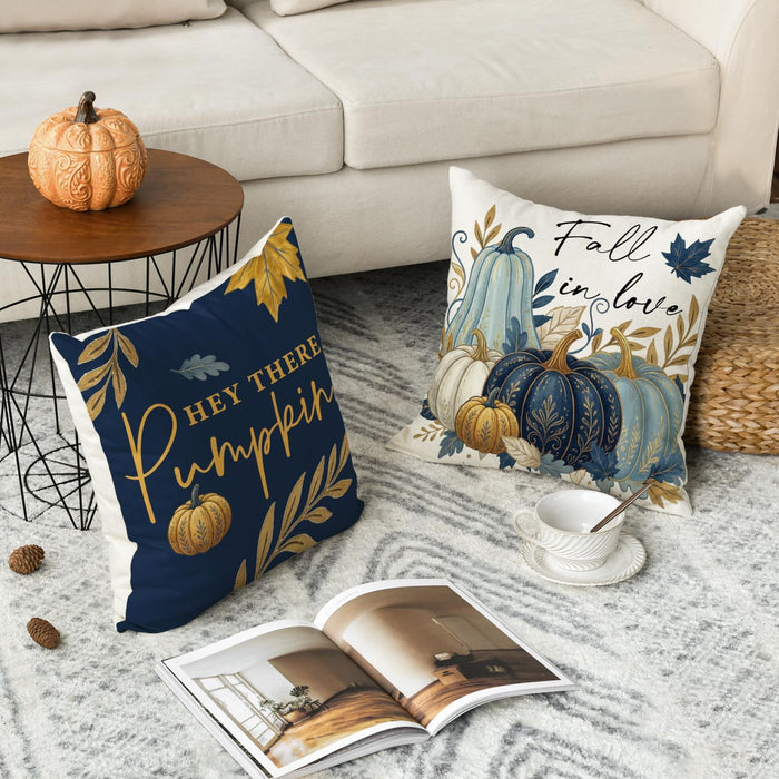 Fall Hello Pumpkin Blue Pillow Covers 18x18 Inch Set of 4
