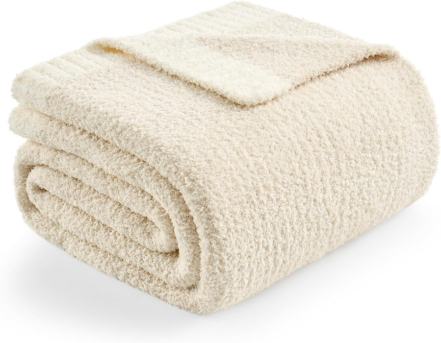 Buttery Ivory Throw Blanket for Couch, Reversible Super Soft Knitted Blankets, Warm Cozy Knit Fuzzy Plush Lightweight Throws Dupes for Sofa, Bed, Picnic, Ivory, 50 x 60 inches