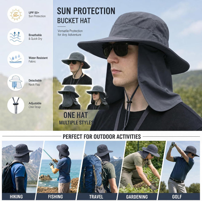Sun Hat Bucket Hats for Men Women,Outdoor Wide Brim Fishing Hat with Detachable Face Cover & Neck Flap UV Protection