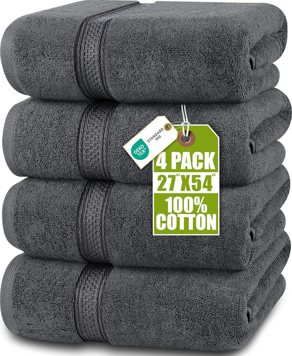 4 Pack Premium Bath Towels, 27x54 in, 600 GSM Cotton Grey