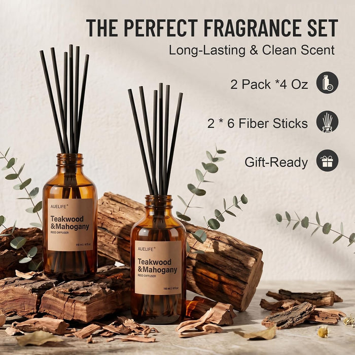 Reed Diffuser Set, Teakwood & Mahogany Scent Diffuser 2 Pack 8Fl Oz