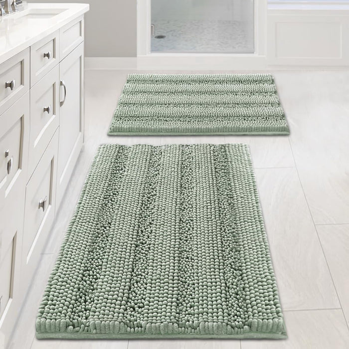 Sage Bathroom Rugs, Bath Mat Set of 2 Extra Thick Chenille Striped Pattern Shaggy Bath Rugs for Bath Room, Non Skid Bath Mats for Bathroom Floor (32 x 20 Plus 24 x 17 - Inches)