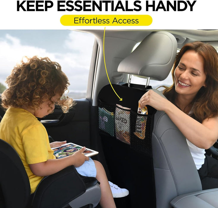 Back Seat Cover For Kids + 3 Pocket Storage Organizer, 2 Pack X-Large Waterproof Kick Mats Backseat Protector, Car Seat Back Protectors For Vehicles To Protect From Dirt, Mud & Scratches