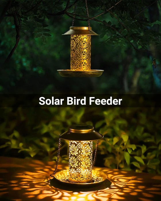 Solar Bird Feeder for Outdoors Hanging, Metal Wild Bird Feeder for Cardinals Solar Garden Lantern with S Hook as Gift fo
