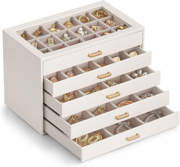 Earring Organizer, Jewelry Box with Clear Lid -Beige, 5 Layer