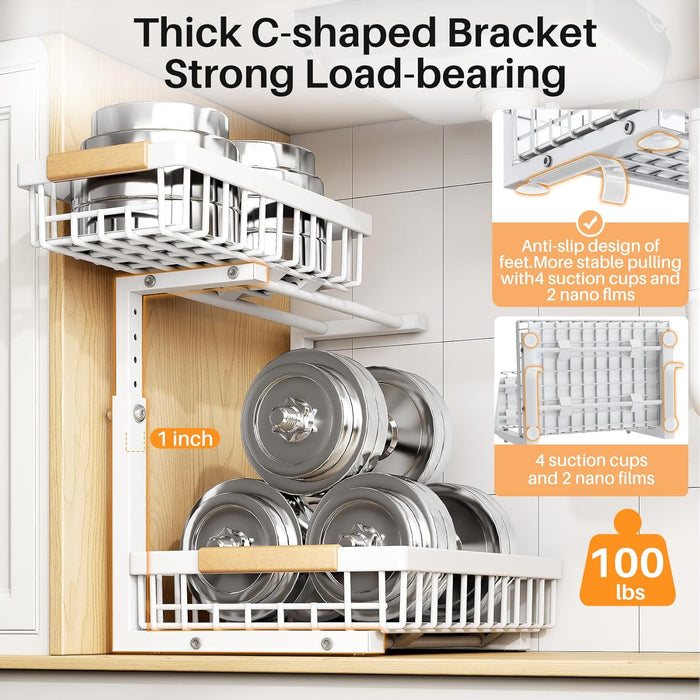 Under Sink Organizer, Adjustable Height, 2 Tier Pull Out Under Cabinet Organizer, Slide Out Thickened Metal Under Sink Storage for Kitchen Bathroom Laundry Pantry Cabinet, White, Large-2-Pack