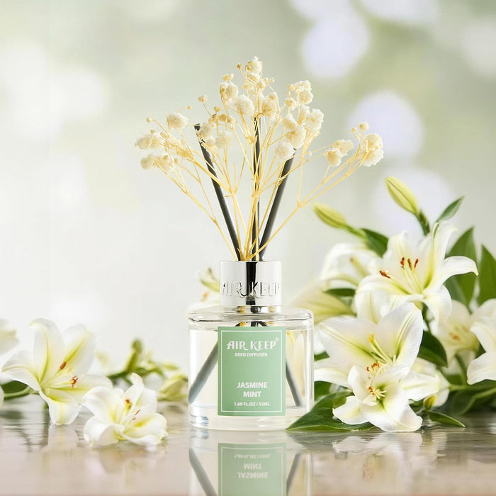 Reed Diffuser Set,1.69 fl oz (50 ml) - Jasmine Mint Oil Diffusers with 8 Reed Sticks,Home Fragrance Reed Diffuser for Bathroom Shelf Decor
