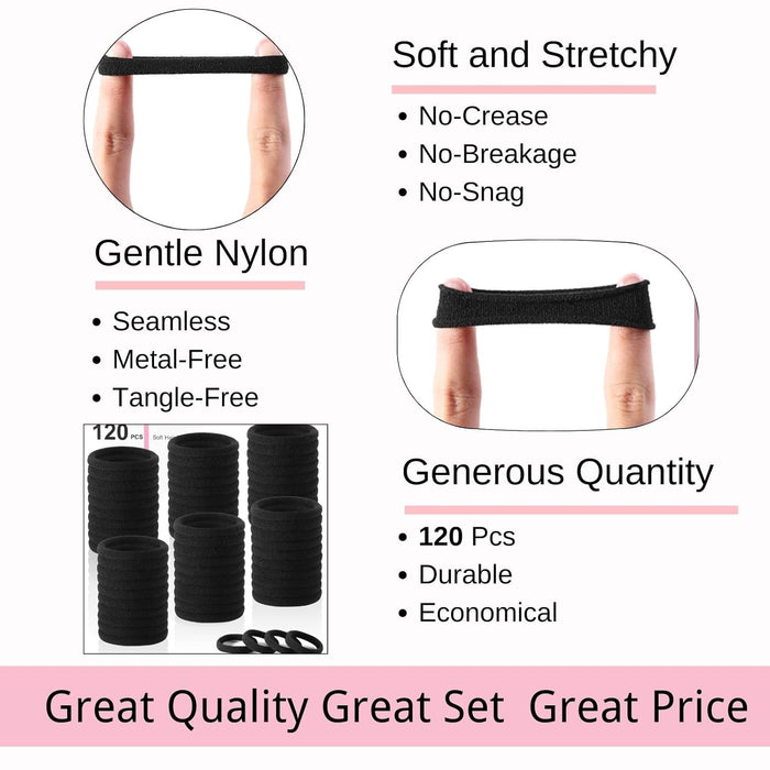 120PCS Black Hair Ties for Thick Hair – Seamless No Damage Elastic Ponytail Holders, Black Hair Band,Bulk Nylon Hair Ela