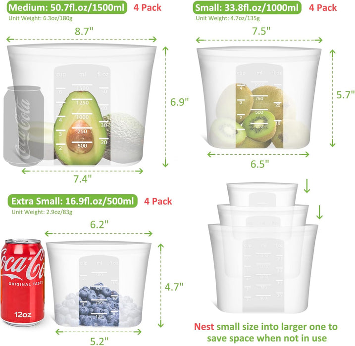 Reusable Storage Bag, 12 Pack 100% Silicone Food Storage Bags Stand Up Silicone Zip Lock Bags for Food Container, Freeze