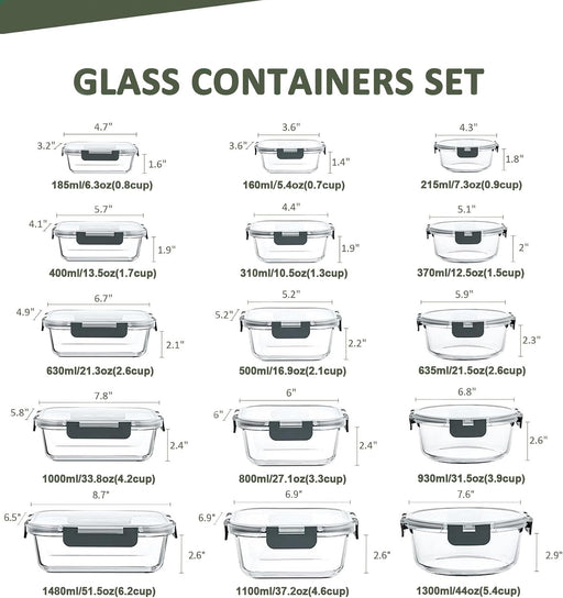 30 Pieces Glass Food Storage Containers Set with Lids, Gray