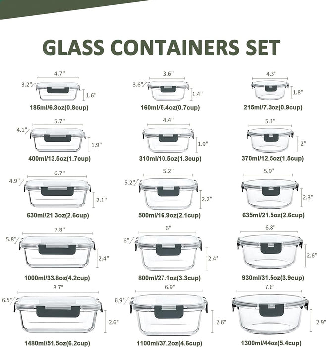 30 Pieces Glass Food Storage Containers Set with Lids, Gray