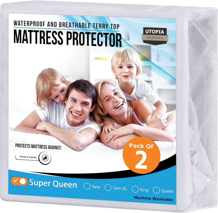 Waterproof Mattress Protector Twin Size, Premium Terry Mattress Cover 200 GSM, Breathable, Fitted Style with Stretchable Pockets (White)
