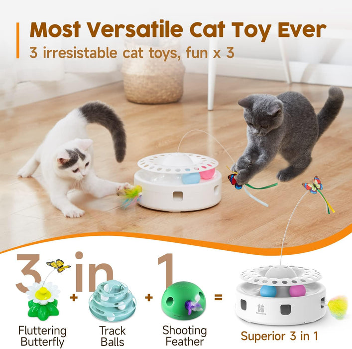Cat Toys 3in1 Automatic Interactive Kitten Toy, Fluttering Butterfly, Moving Feather, Track Balls, Dual Power Supplies, 